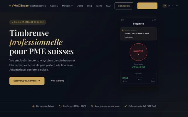 Aperçu réel de VMAX Badge — timbreuse professionnelle en ligne pour PME suisses